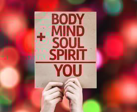 Body + Mind + Soul + Spirit = You card with colorful background with defocused lights