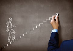 Close up of human hand drawing career ladder with chalk