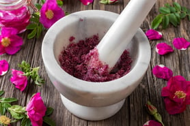 Fresh Rugosa rose flowers crushed with cane sugar in a mortar stock photo